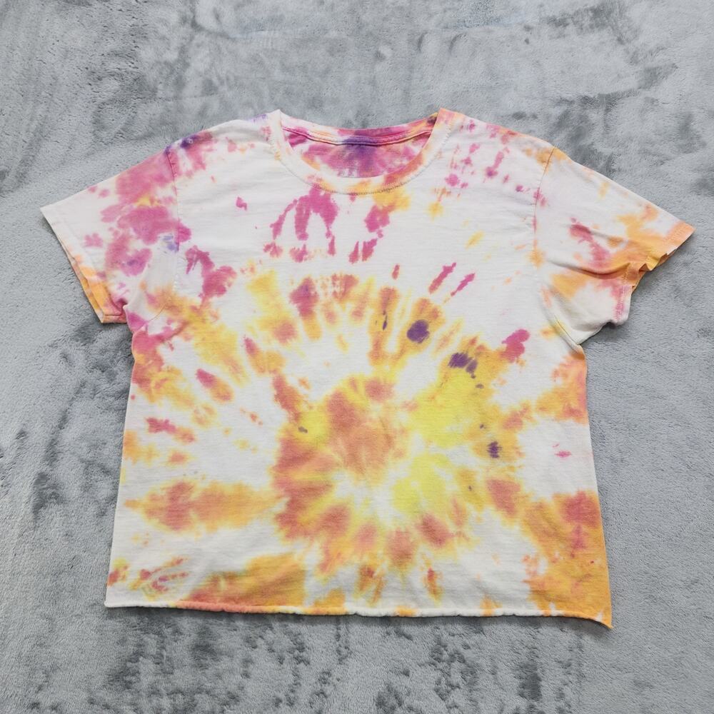 Fruit of the Loom Top Womens S Pink Orange Tie Dye Crop Tee Rolled Hem‎ Festival